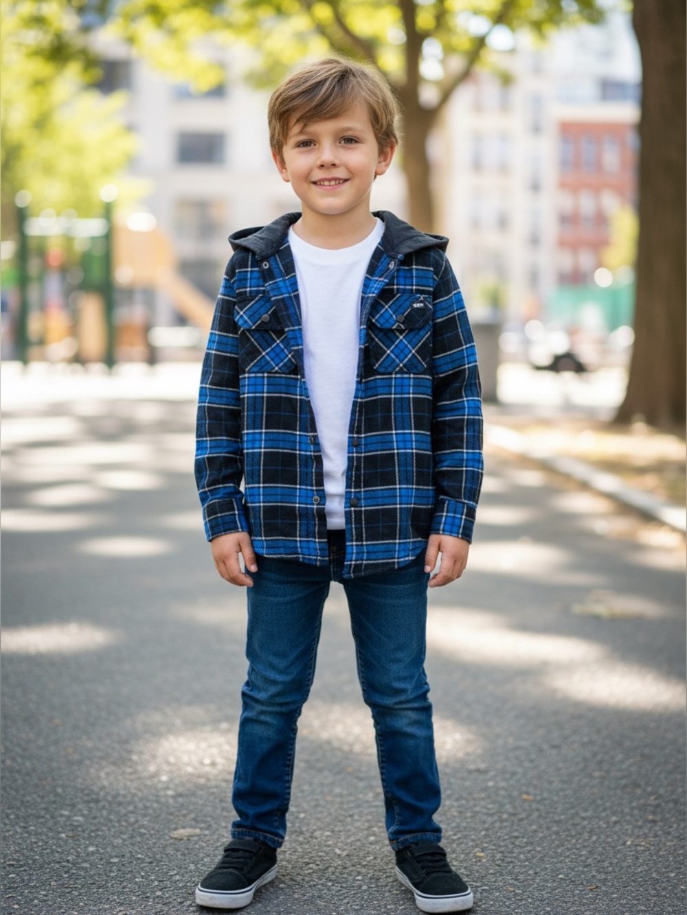 Vans Black & Blue Plaid Hooded Button-Down Shirt